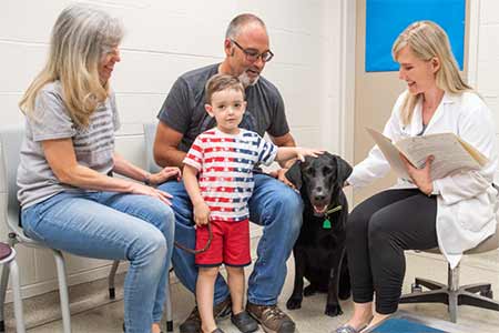 Family visiting Veterinary Health Center with their dog