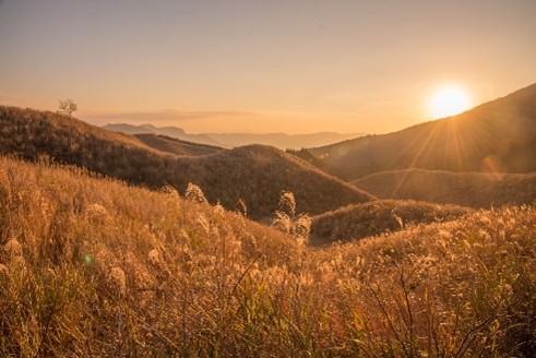 Sunset over rolling hills